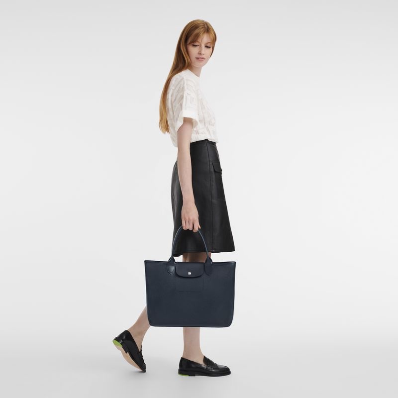 Navy Women's Longchamp Le Pliage City L Tote Bags | 8753-GVDCA