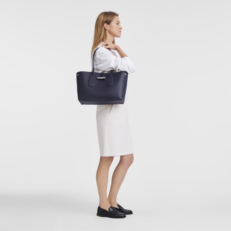 Navy Women's Longchamp Roseau L Tote Bags | 5134-STZRN